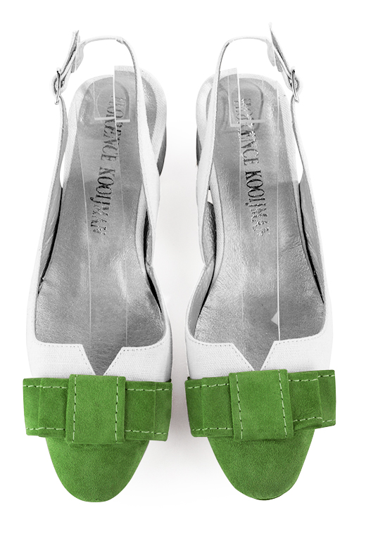 Grass green and pure white women's open back shoes, with a knot. Round toe. Low flare heels. Top view - Florence KOOIJMAN